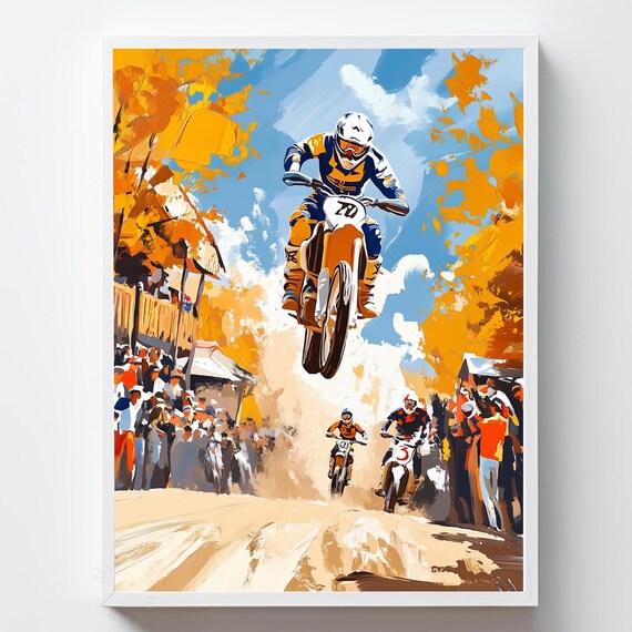 Motocross Race Riders Jump Dust Cloud Crowd Action Oil Art Print