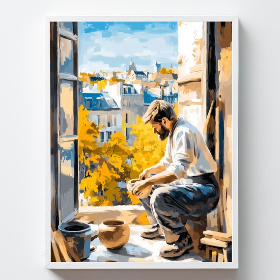 Rustic Potter Shaping Clay Studio Window Earthy Ceramic Art Print