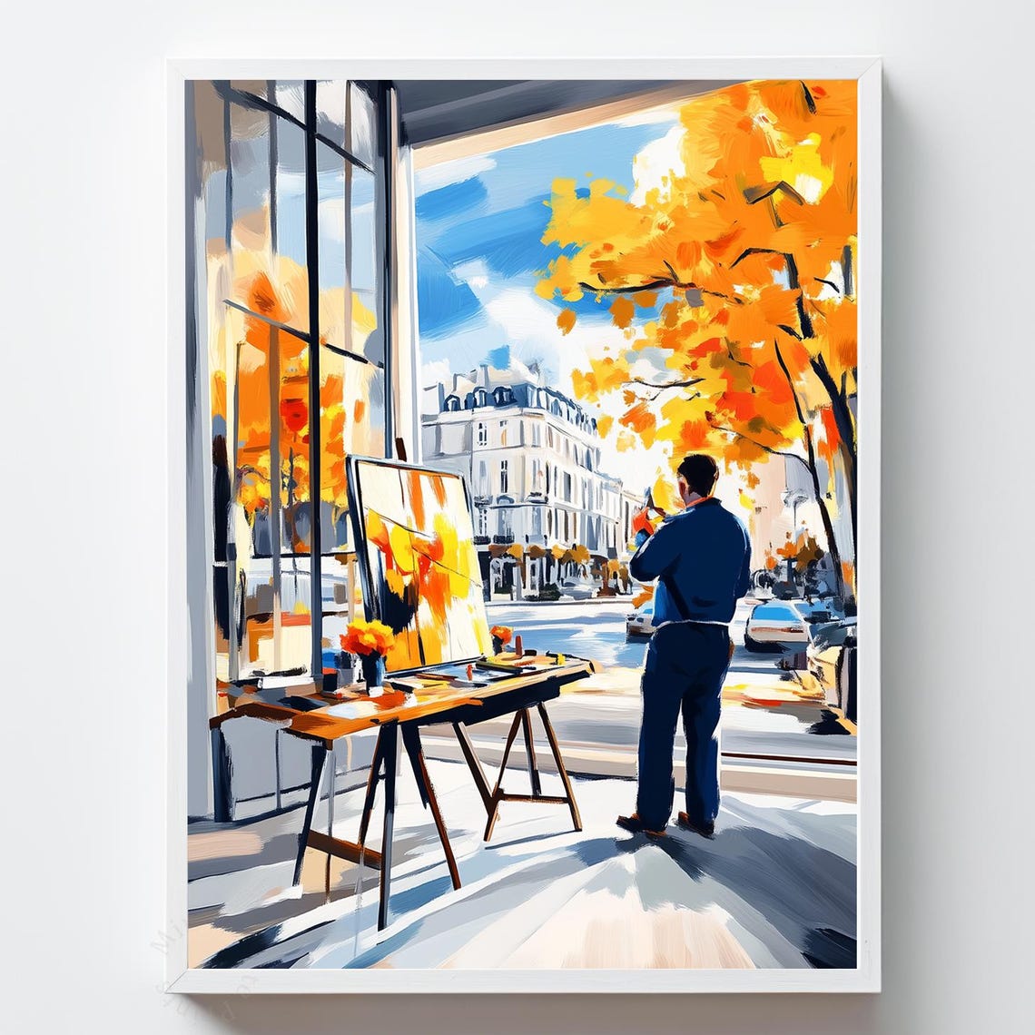 Artist Painting Autumn Street Scene from Studio Window Impressionist Poster