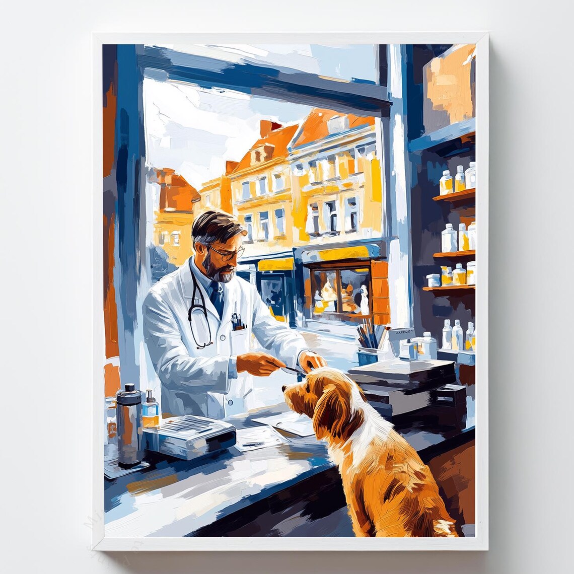 Vintage Veterinarian Doctor Treating Golden Dog Painting Art Poster