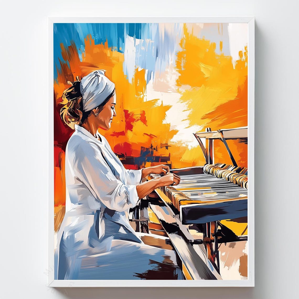Weaving Woman Art Print Rustic Loom Folk Textile Painting