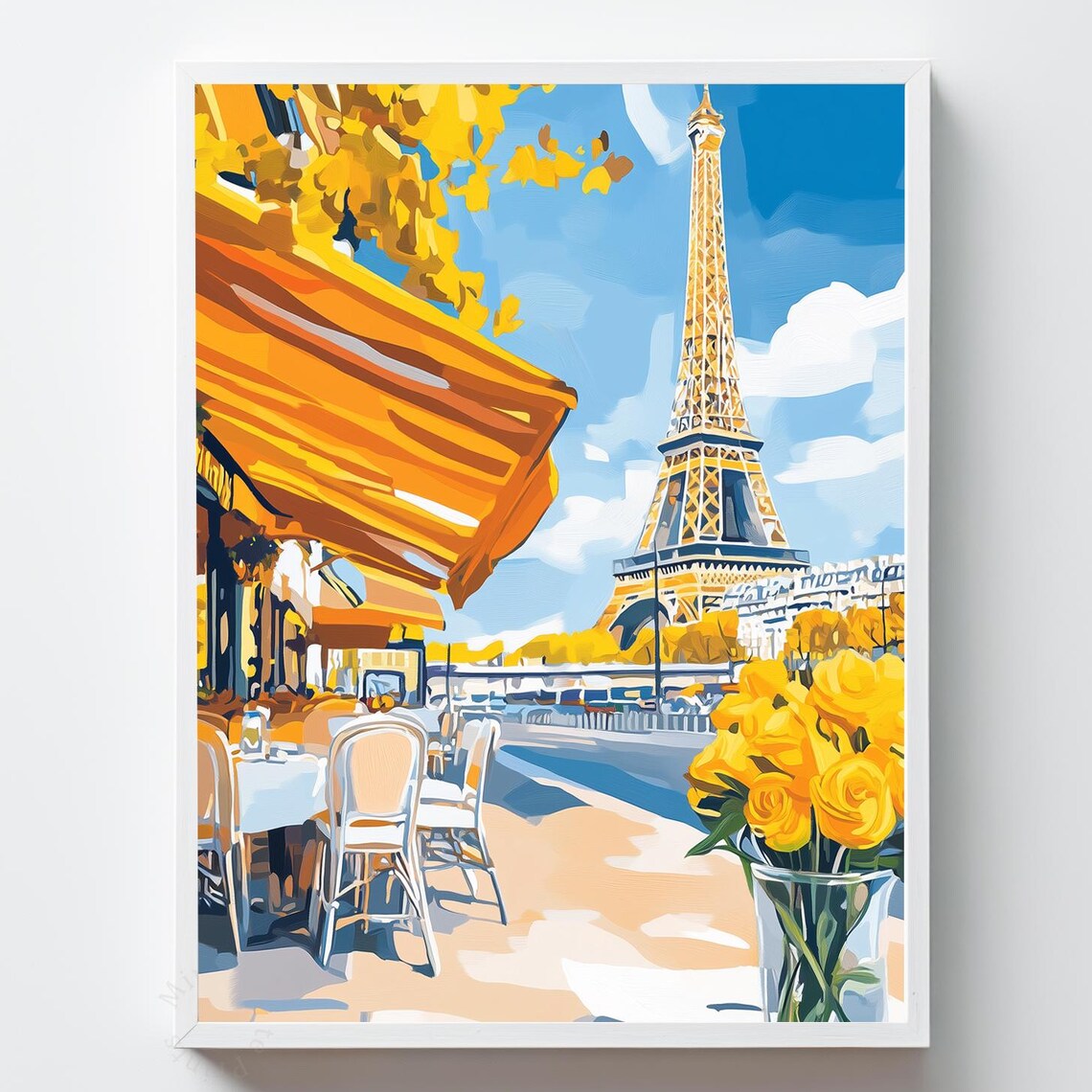 Eiffel Tower Paris Cafe Terrace Yellow Roses Painting Poster