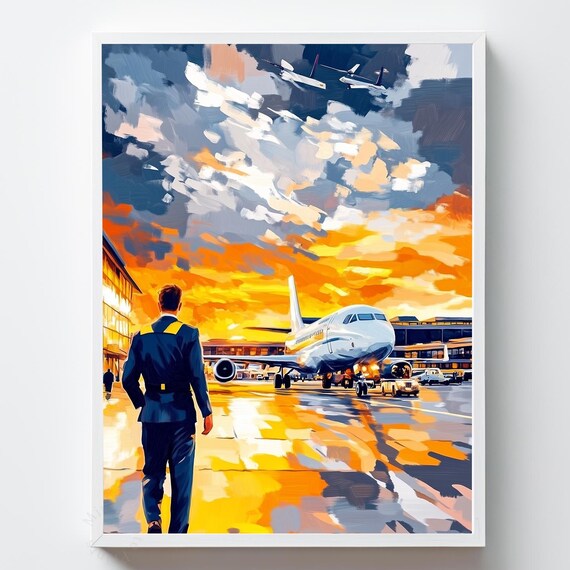 Airline Pilot Sunset Art Print Moody Travel Poster