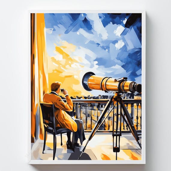 Twilight Astronomer Print Vintage Telescope Sunset Sky