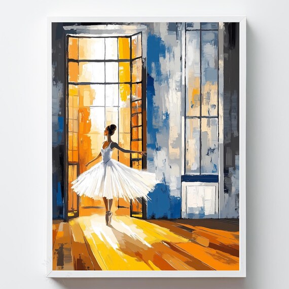 Ballerina Oil Painting Sunlit Dance Studio White Tutu Ballet Poster