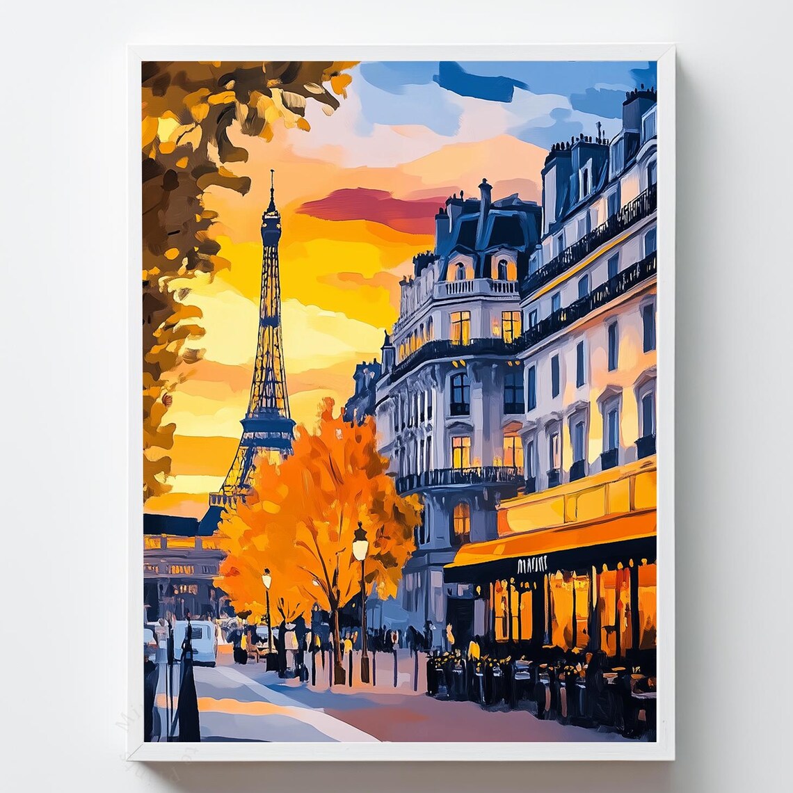 Eiffel Tower Paris Sunset Boulevard Sidewalk Cafe Scene Art Poster