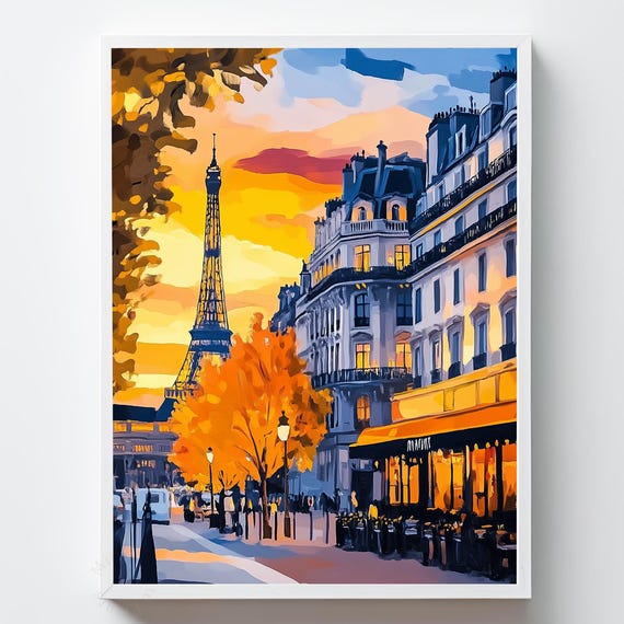 Paris Street Scene Print Eiffel Tower Sunset Vintage Cityscape