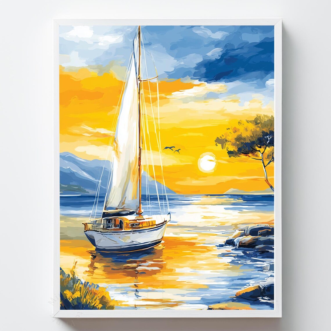 Sailboat White Sail Sunset Golden Rocky Shore Nautical Art Print
