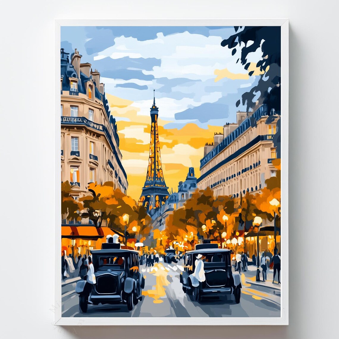 Vintage Paris Eiffel Tower Lamp Lit Street Classic Cars Art Poster