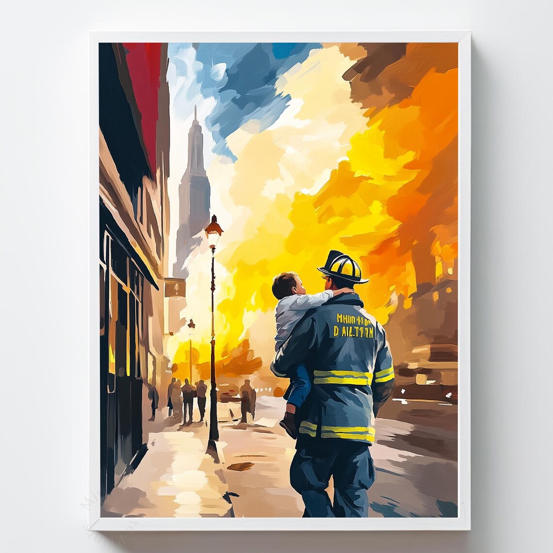 Firefighter Rescue Hero Carrying Child Flames Painterly Art Poster