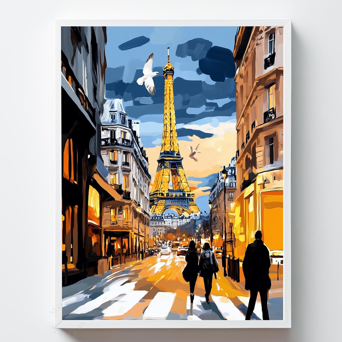 Eiffel Tower Paris Street Birds Golden Sunset Dusk Painting Poster