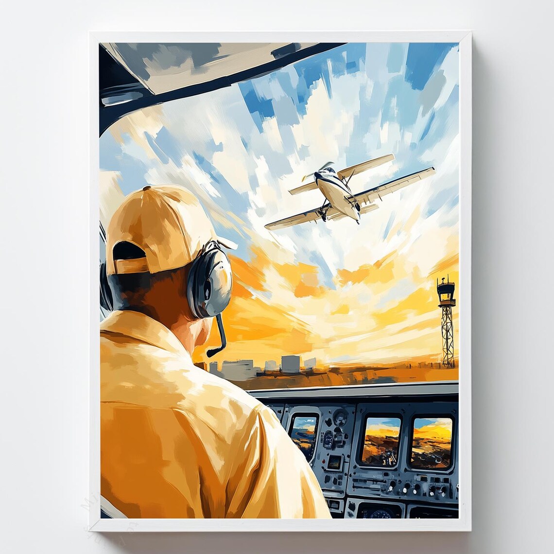 Vintage Pilot Cockpit Painting Sunset Flight Aviation Nostalgia Poster