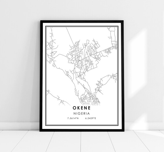 Okene Nigeria City Street Map with Coordinates Minimalist Wall Art
