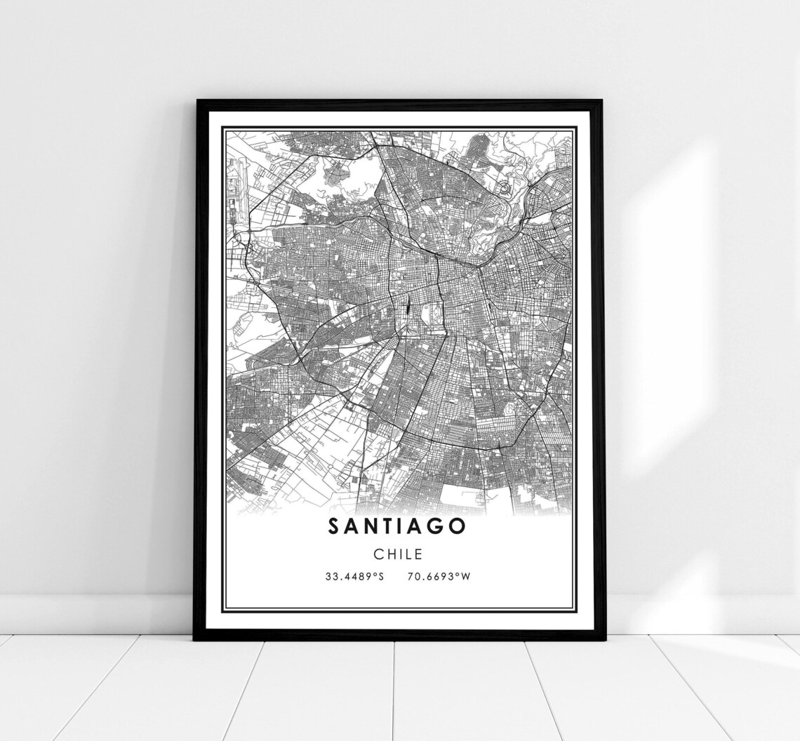 Santiago Map Print Poster, Chile City Travel Poster