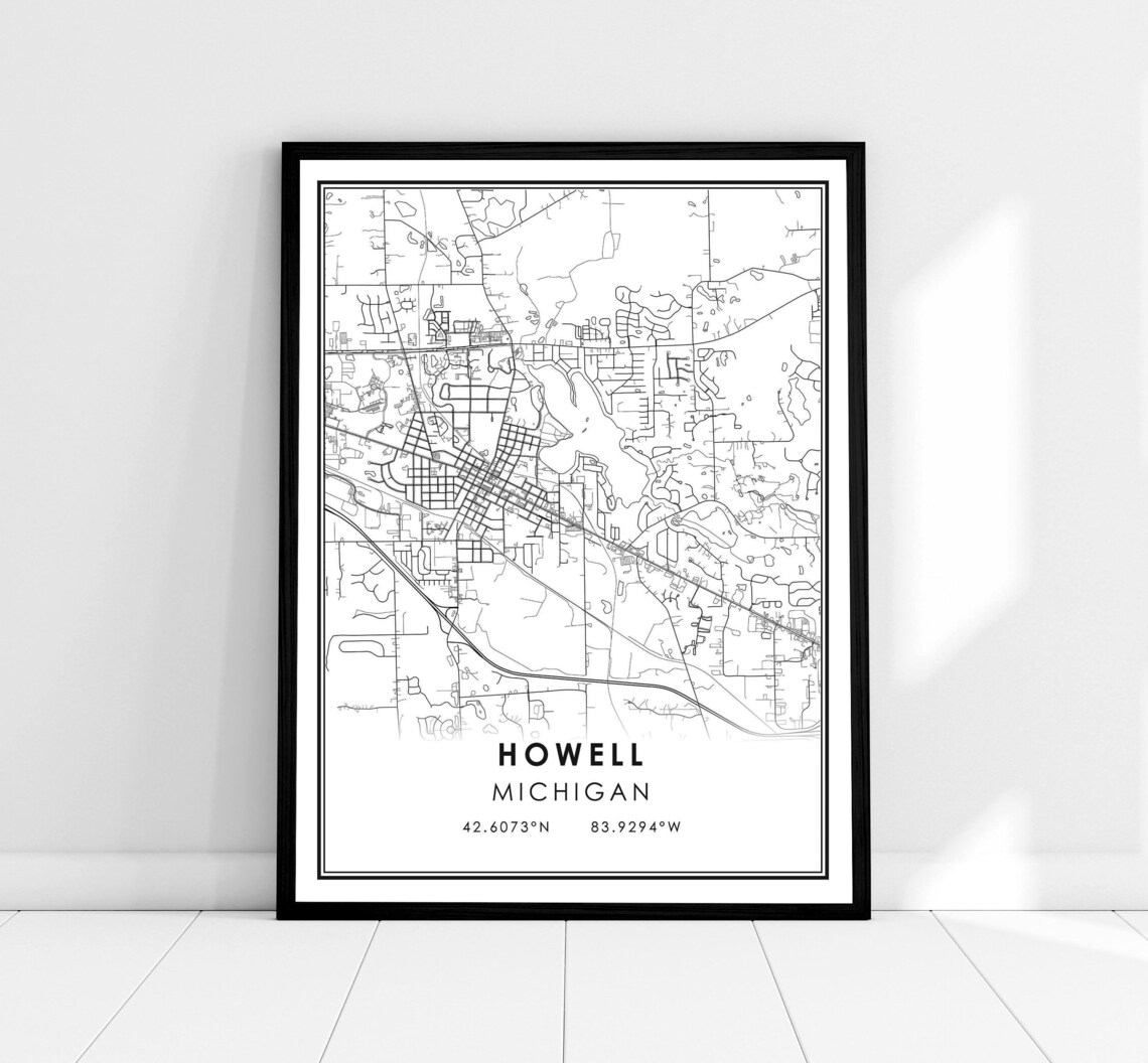 Howell Michigan Minimalist City Street Map Coordinates Black White Print