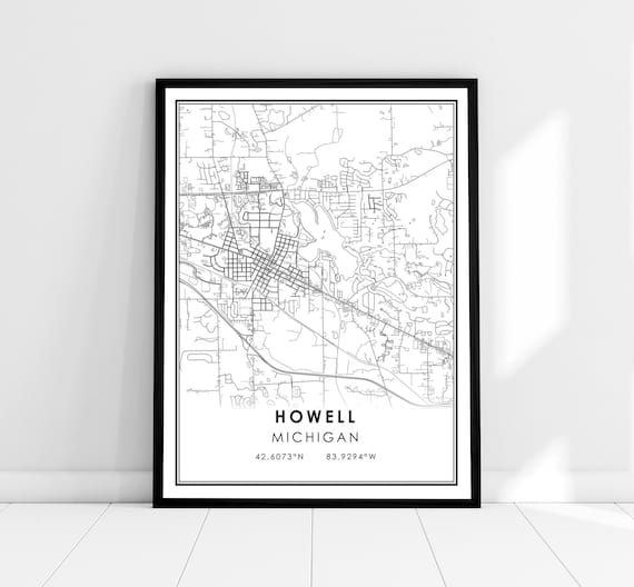 Howell Michigan Minimalist City Street Map Coordinates Black White Print