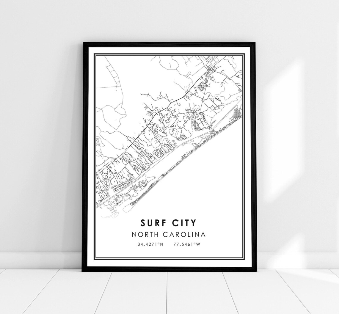 Surf City Map Print, North Carolina Travel Poster