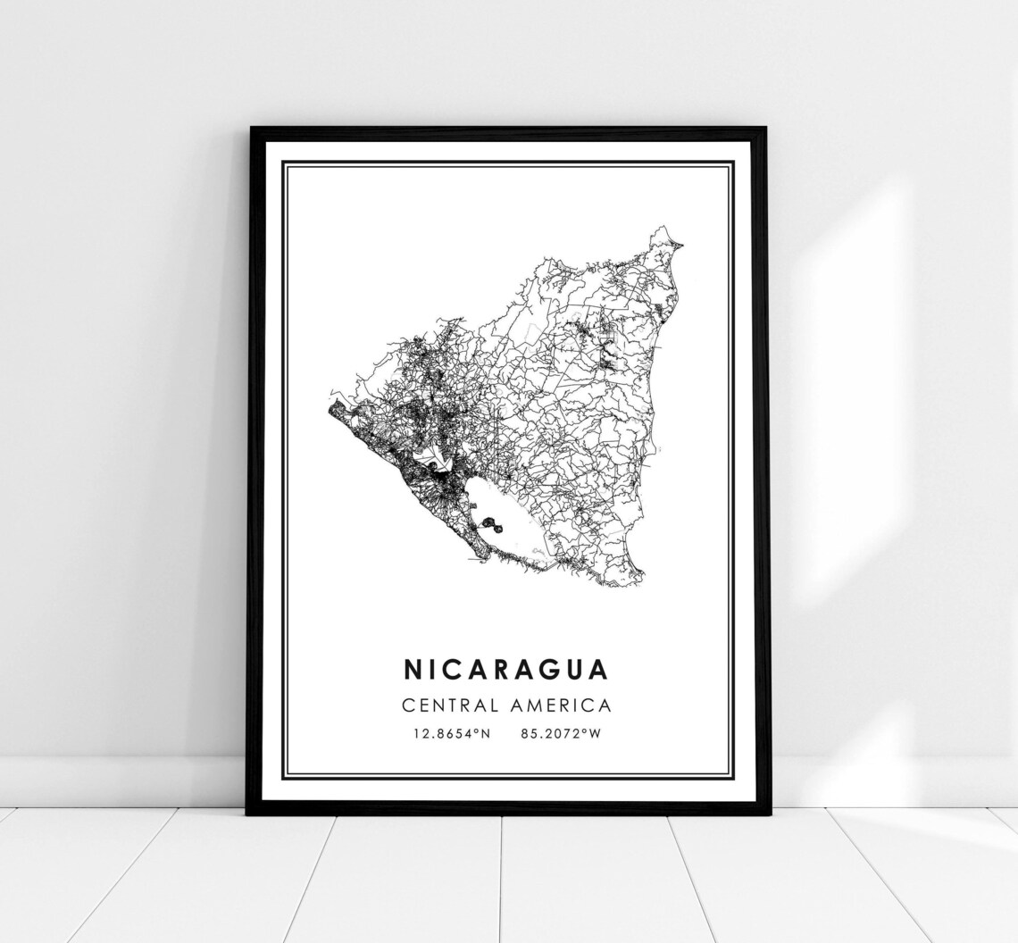 Nicaragua Map Poster Print, Travel Road Map