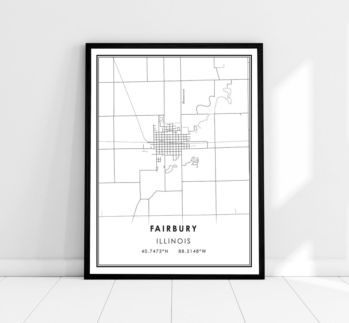 Fairbury Illinois Minimalist City Street Map Decor Modern Wall Art
