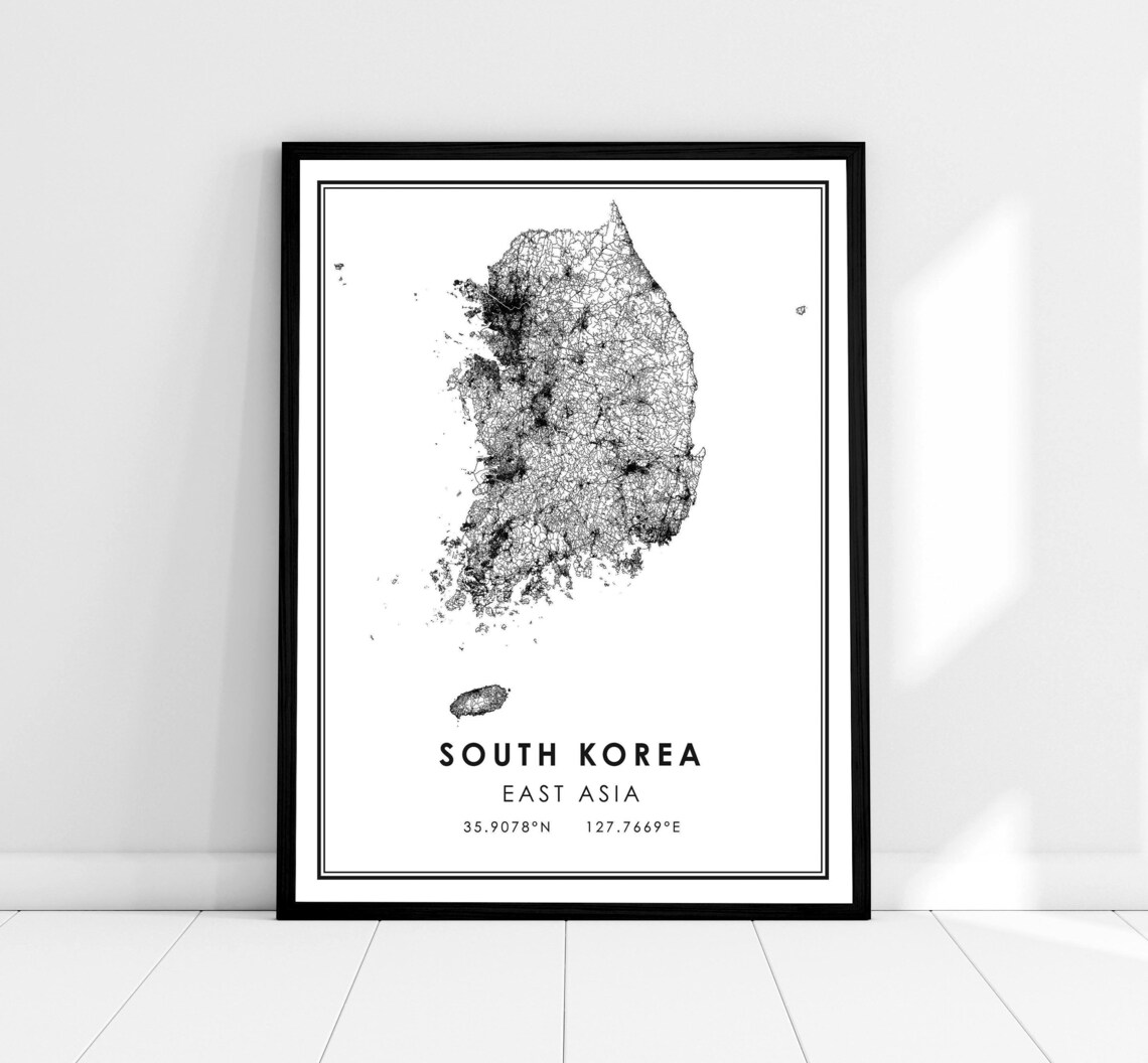 South Korea Map Travel Poster, Asia Road