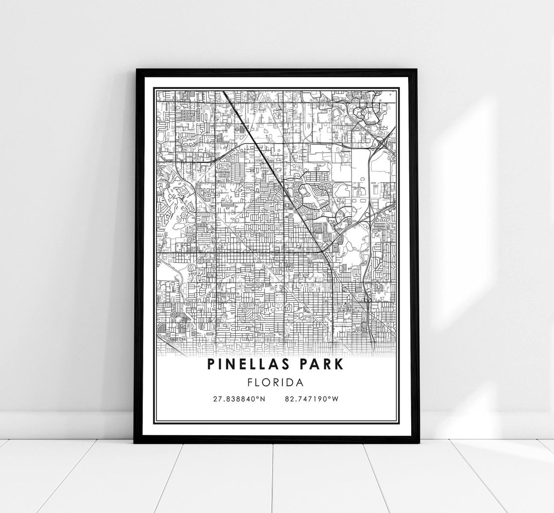 Pinellas Park Florida Minimalist Street Map Black and White Poster