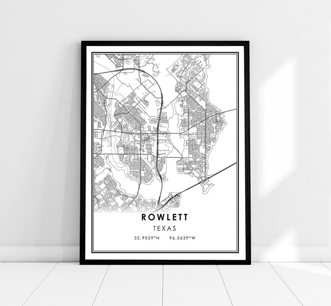 Rowlett Texas Minimalist Black and White City Street Map Poster