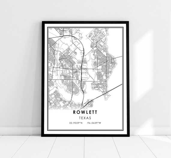 Rowlett Texas Minimalist Black and White City Street Map Poster