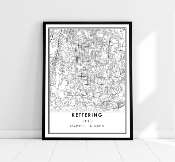 Kettering Ohio Minimalist City Street Map Coordinates Black White Print