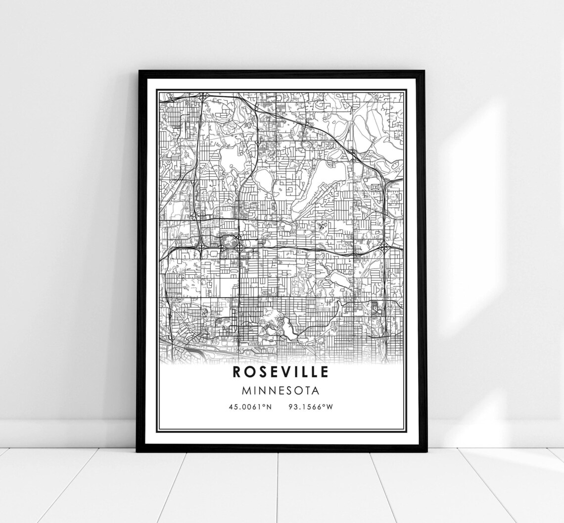 Roseville Minnesota Minimalist Black White Street Map Poster