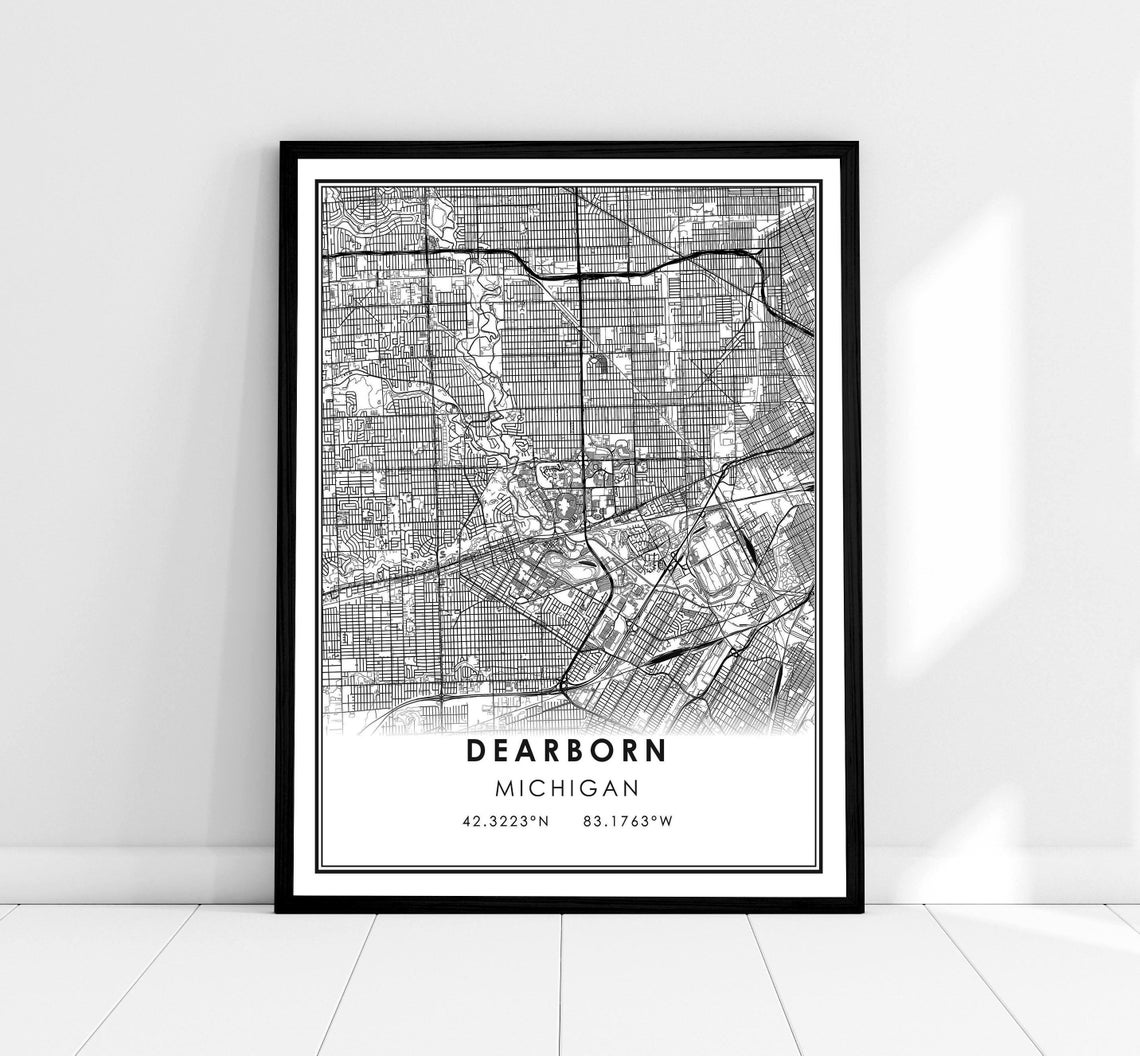 Dearborn Michigan Street Map Black White City Coordinates Poster