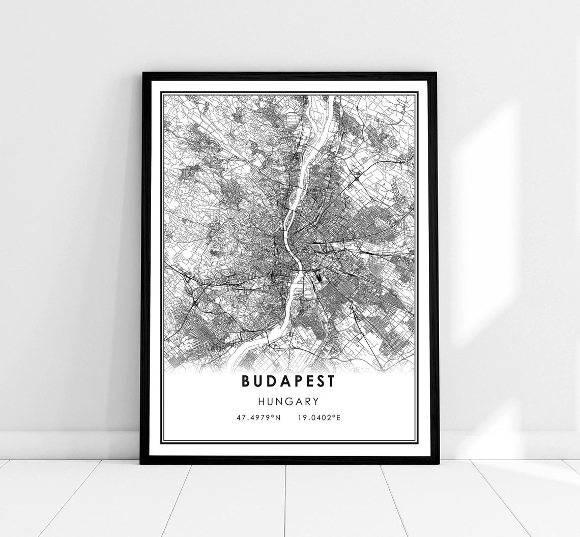 Budapest Hungary Minimalist Black and White City Map Poster Danube Art
