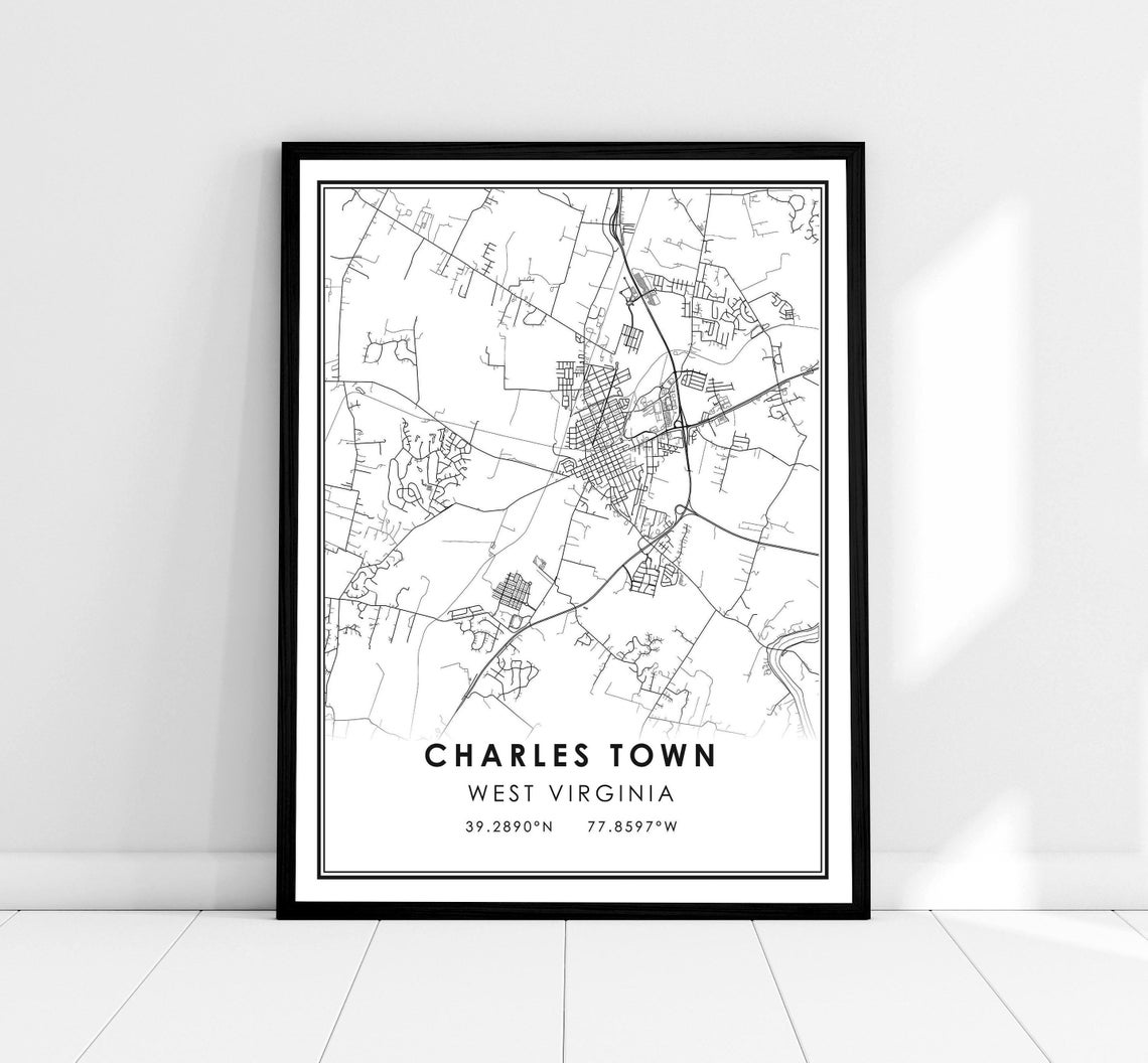 Charles Town West Virginia Black and White Street Map Poster