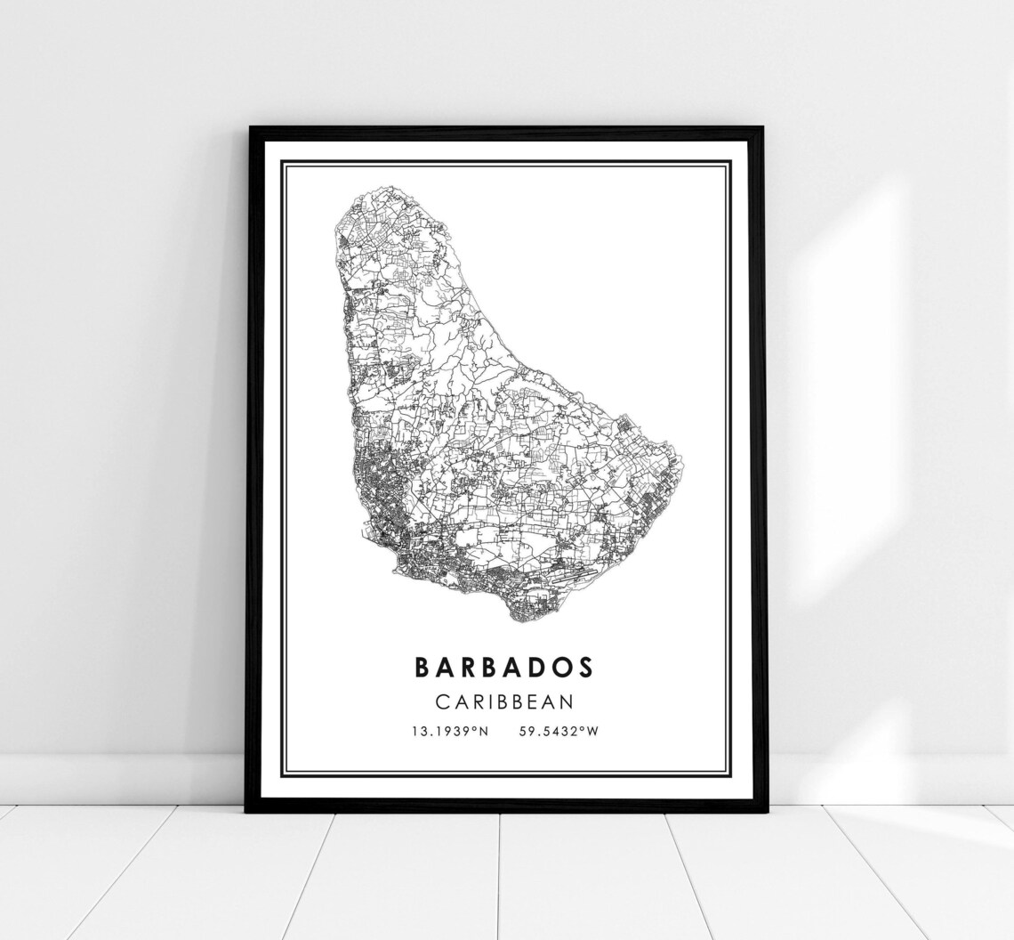 Barbados Map Travel Poster, Caribbean City Map