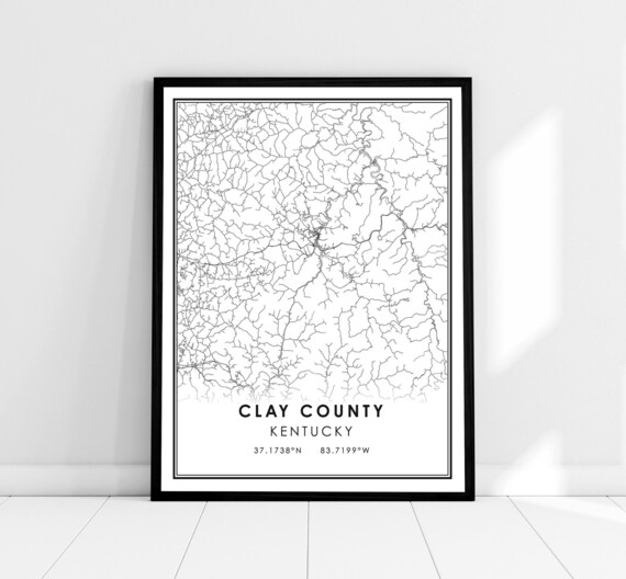 Clay County Kentucky Black and White Road Network Map Poster