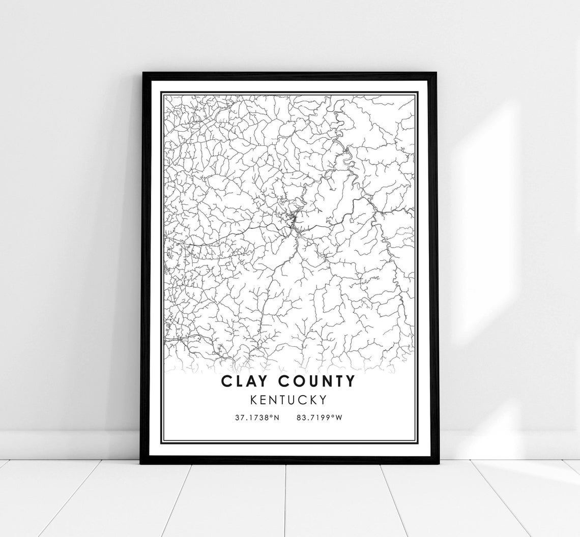Clay County Kentucky Black and White Road Network Map Poster