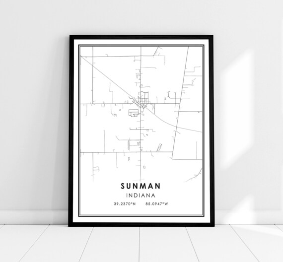 Sunman Indiana Minimalist Street Map Black and White Poster Artwork