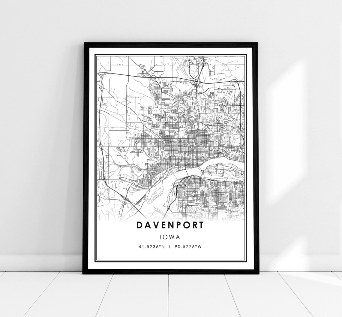 Davenport Map Print Poster, Iowa City Travel Poster