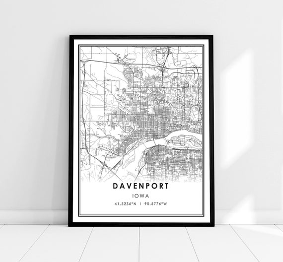Davenport Map Print Poster, Iowa City Travel Poster
