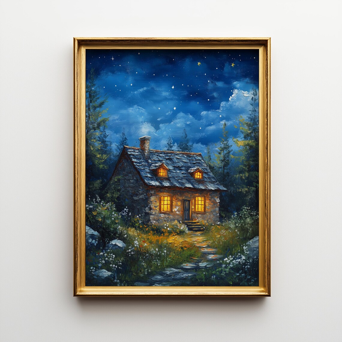 Starry Night Cottage Art Print, Rustic Landscape