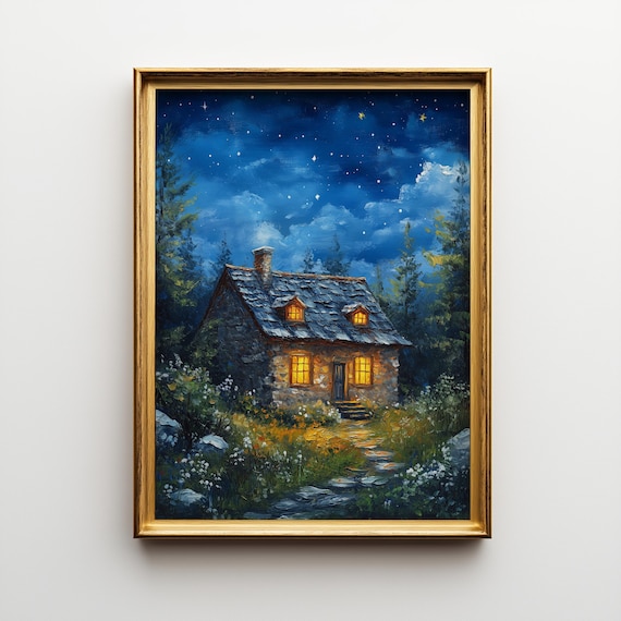 Starry Night Cottage Art Print, Rustic Landscape