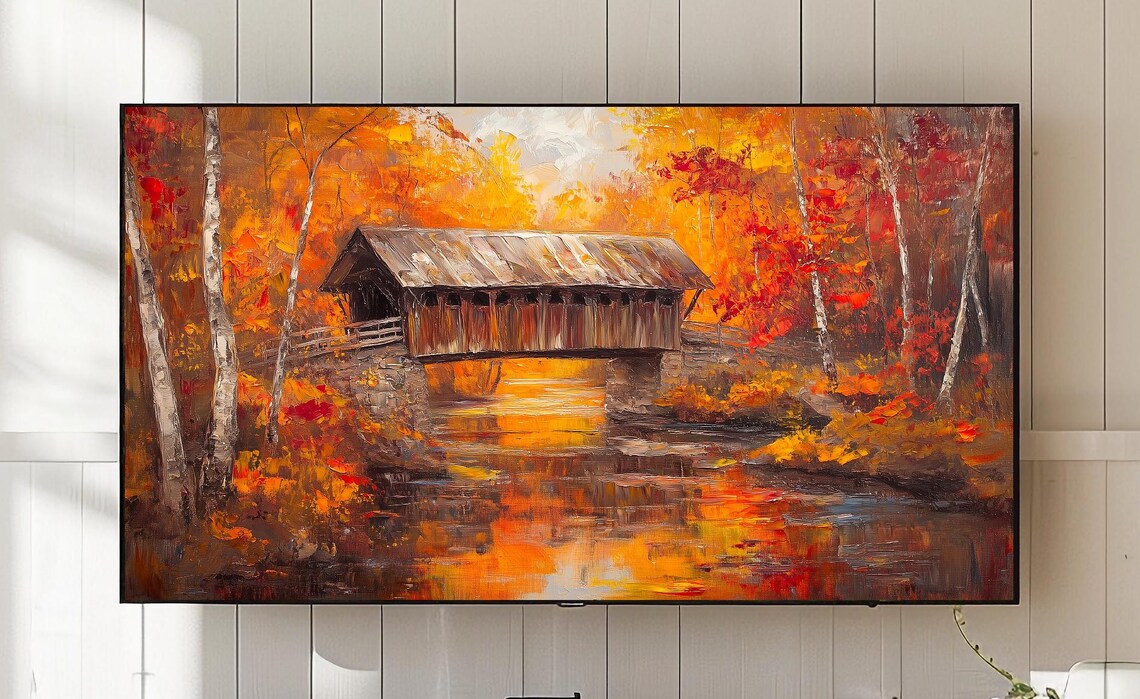 New England Autumn Bridge, Rustic Fall Landscape