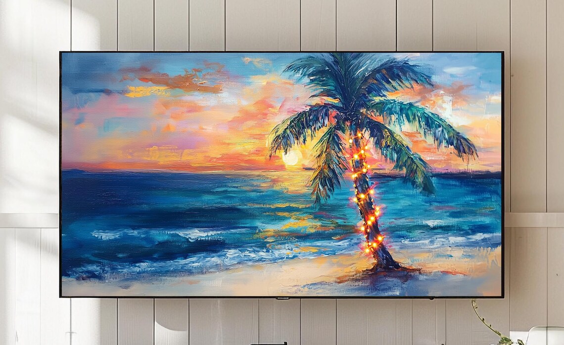 Tropical Palm Tree Fairy Lights Sunset Beach Ocean Painting Poster