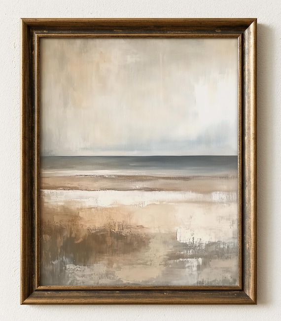 Textured Coastal Seascape Painting Poster Neutral Beige Grey Minimal Decor