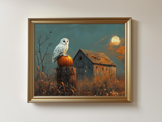 Rustic Autumn Barn Owl Art Print, Moonlit Farmhouse