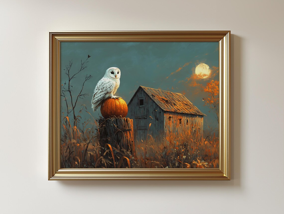 Rustic Autumn Barn Owl Art Print, Moonlit Farmhouse