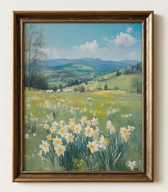 Daffodil Meadow Sheep Rolling Hills Vintage Landscape Art Print