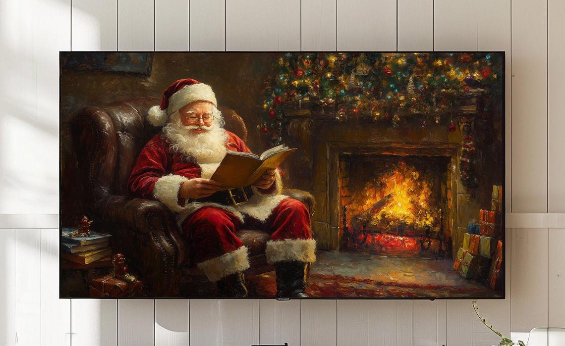 Christmas Santa Fireplace Frame Tv Art Cozy Holiday Decor 761