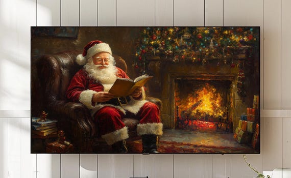 Christmas Santa Fireplace Frame Tv Art Cozy Holiday Decor 761