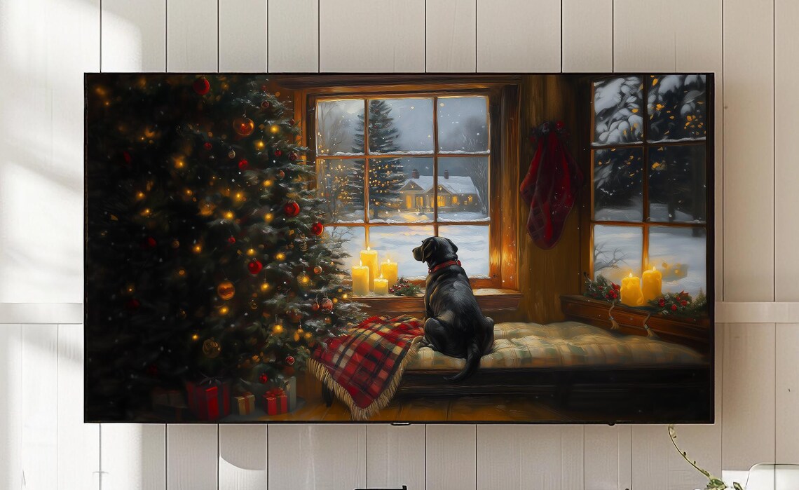 Black Labrador Christmas Tree Candlelit Window Snowy Night Poster