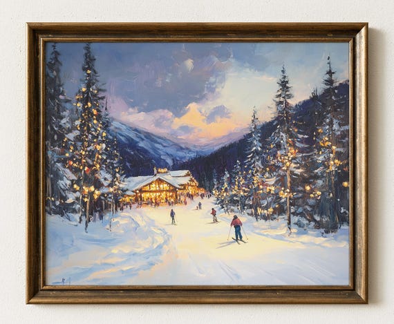 Winter Ski Lodge Landscape Art Print Snowy Mountain Scene 861